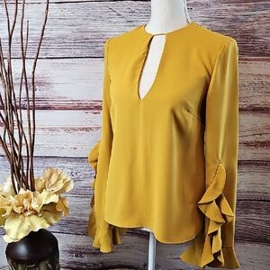 NWT C/MEO COLLECTIVE GOSSAMER MUSTARD YELLOW RUFFLE SLEEVE BLOUSE